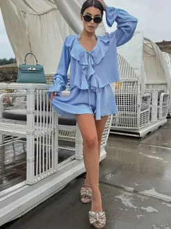 Boho Ruffle 2 Piece Set For Women - Long Sleeve Front Tie Crop Top And Shorts - Summer Beach Vacation Outfit 2026