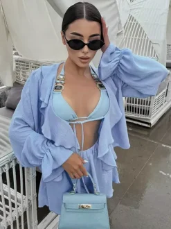 Boho Ruffle 2 Piece Set For Women - Long Sleeve Front Tie Crop Top And Shorts - Summer Beach Vacation Outfit 2026