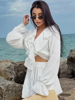 Boho Ruffle 2 Piece Set For Women - Long Sleeve Front Tie Crop Top And Shorts - Summer Beach Vacation Outfit 2026