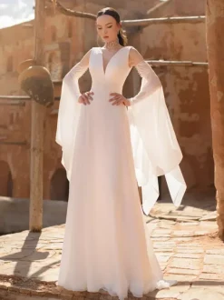 Boho Simple Wedding Dress Chiffon V-Neck 3/4 Length Sleeves Lace A-Line Bridal Gowns