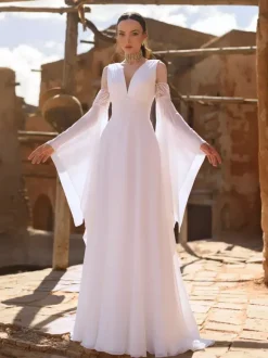 Boho Simple Wedding Dress Chiffon V-Neck 3/4 Length Sleeves Lace A-Line Bridal Gowns