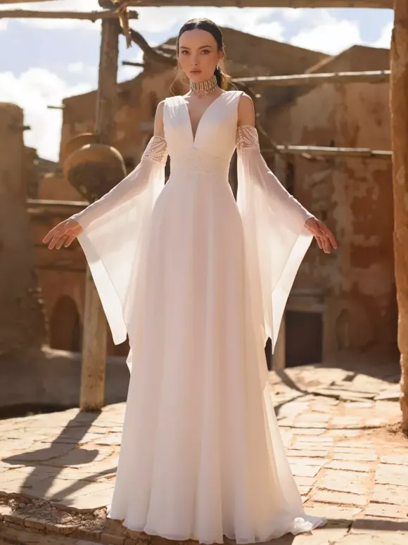 Boho Simple Wedding Dress Chiffon V-Neck 3/4 Length Sleeves Lace A-Line Bridal Gowns