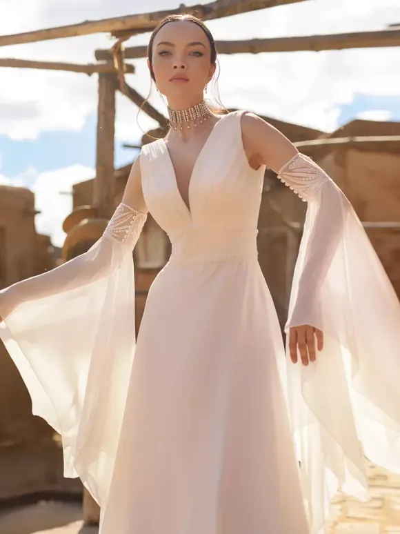 Boho Simple Wedding Dress Chiffon V-Neck 3/4 Length Sleeves Lace A-Line Bridal Gowns