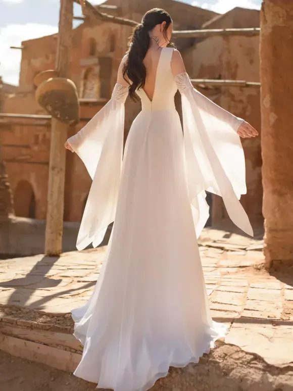 Boho Simple Wedding Dress Chiffon V-Neck 3/4 Length Sleeves Lace A-Line Bridal Gowns