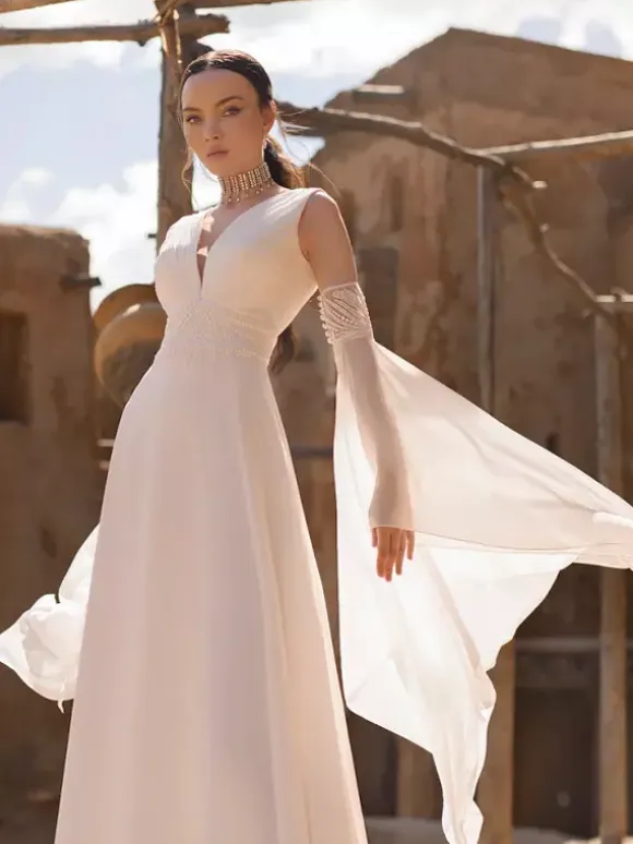 Boho Simple Wedding Dress Chiffon V-Neck 3/4 Length Sleeves Lace A-Line Bridal Gowns