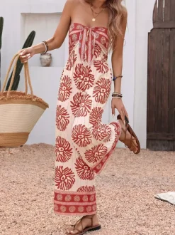 Boho Strapless Floral Print Wide Leg Jumpsuit Women Vacation Beach Outfit