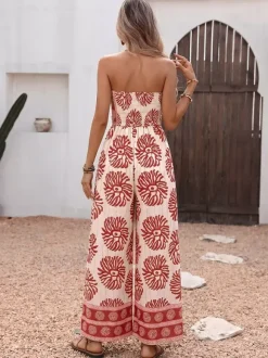 Boho Strapless Floral Print Wide Leg Jumpsuit Women Vacation Beach Outfit