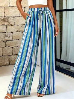 Boho Striped Wide Leg Pants For Women - Vertical Print High Waisted Drawstring Palazzo Trousers - Summer Beach Resort 2026