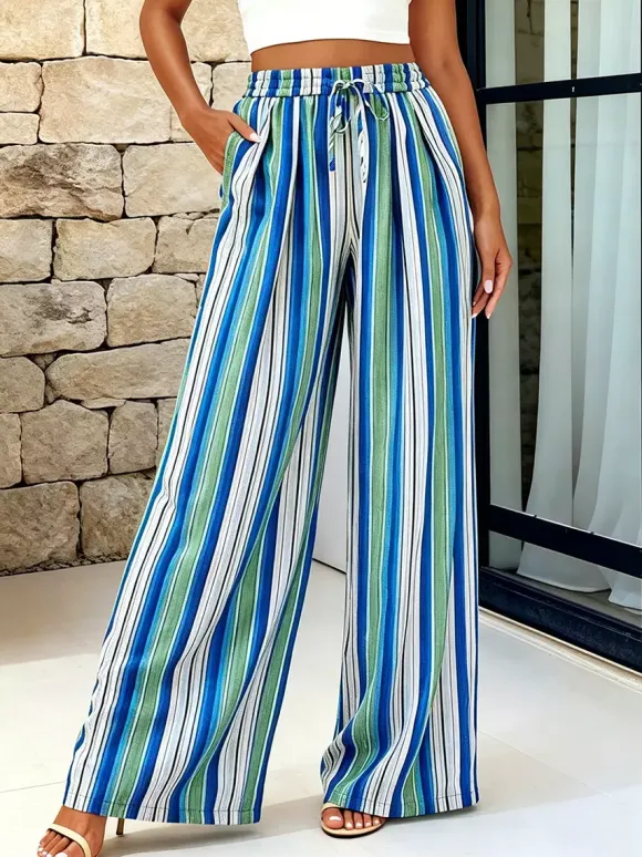 Boho Striped Wide Leg Pants For Women - Vertical Print High Waisted Drawstring Palazzo Trousers - Summer Beach Resort 2026