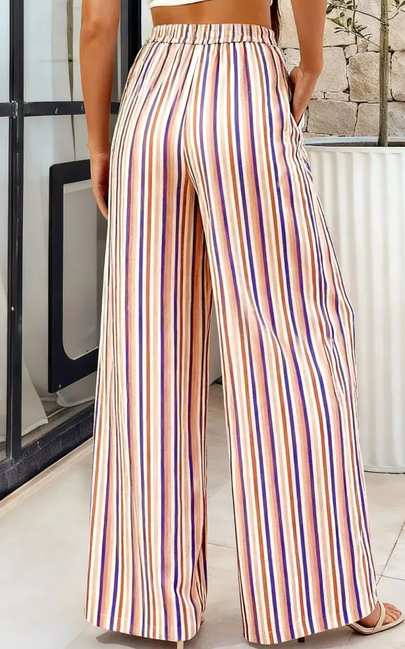 Boho Striped Wide Leg Pants For Women - Vertical Print High Waisted Drawstring Palazzo Trousers - Summer Beach Resort 2026