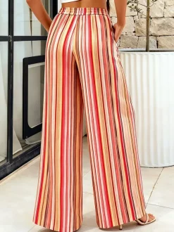 Boho Striped Wide Leg Pants For Women - Vertical Print High Waisted Drawstring Palazzo Trousers - Summer Beach Resort 2026