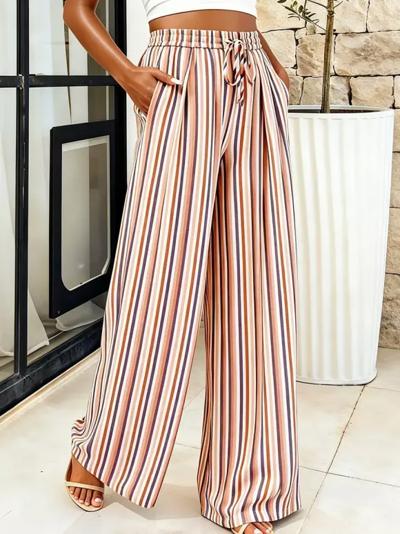Boho Striped Wide Leg Pants For Women - Vertical Print High Waisted Drawstring Palazzo Trousers - Summer Beach Resort 2026