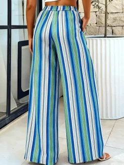 Boho Striped Wide Leg Pants For Women - Vertical Print High Waisted Drawstring Palazzo Trousers - Summer Beach Resort 2026