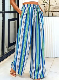 Boho Striped Wide Leg Pants For Women - Vertical Print High Waisted Drawstring Palazzo Trousers - Summer Beach Resort 2026