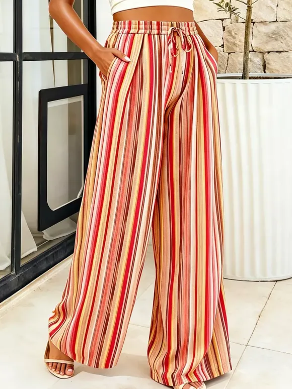 Boho Striped Wide Leg Pants For Women - Vertical Print High Waisted Drawstring Palazzo Trousers - Summer Beach Resort 2026