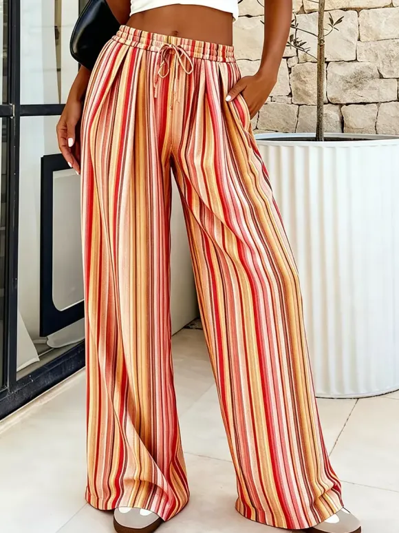 Boho Striped Wide Leg Pants For Women - Vertical Print High Waisted Drawstring Palazzo Trousers - Summer Beach Resort 2026