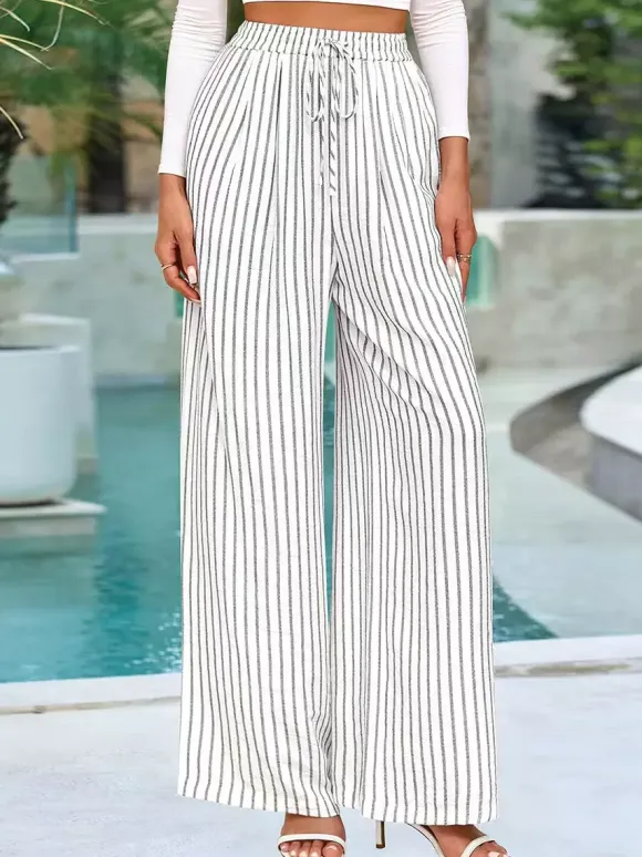 Boho Striped Wide Leg Pants For Women - Vertical Print High Waisted Drawstring Palazzo Trousers - Summer Beach Resort 2026