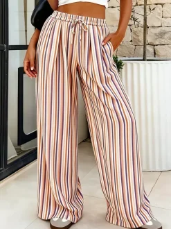 Boho Striped Wide Leg Pants For Women - Vertical Print High Waisted Drawstring Palazzo Trousers - Summer Beach Resort 2026