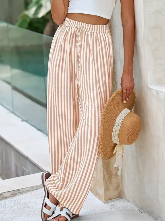 Boho Striped Wide Leg Pants For Women - Vertical Print High Waisted Drawstring Palazzo Trousers - Summer Beach Resort 2026