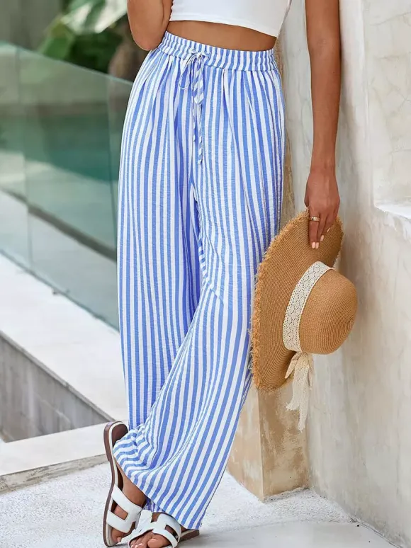 Boho Striped Wide Leg Pants For Women - Vertical Print High Waisted Drawstring Palazzo Trousers - Summer Beach Resort 2026