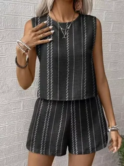 Boho Stripe Women 2 Piece Set - Sleeveless Tank & Casual Shorts Co-ord - Summer Beach Vacation 2026