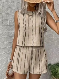 Boho Stripe Women 2 Piece Set - Sleeveless Tank & Casual Shorts Co-ord - Summer Beach Vacation 2026
