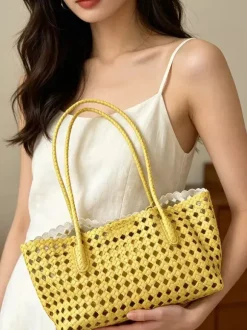 Boho Summer Beach Hollow Out Woven Straw Large Tote Shoulder Bag