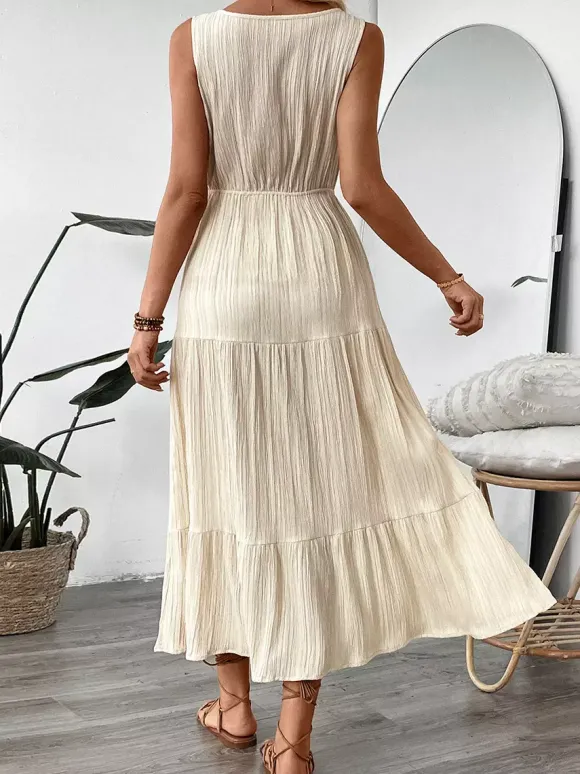 Boho Tiered Maxi Dress for Women - Apricot Textured V Neck Sleeveless Tie Waist A Line Long Dress - Summer Beach Resort 2026