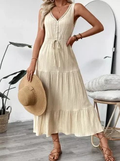 Boho Tiered Maxi Dress for Women - Apricot Textured V Neck Sleeveless Tie Waist A Line Long Dress - Summer Beach Resort 2026
