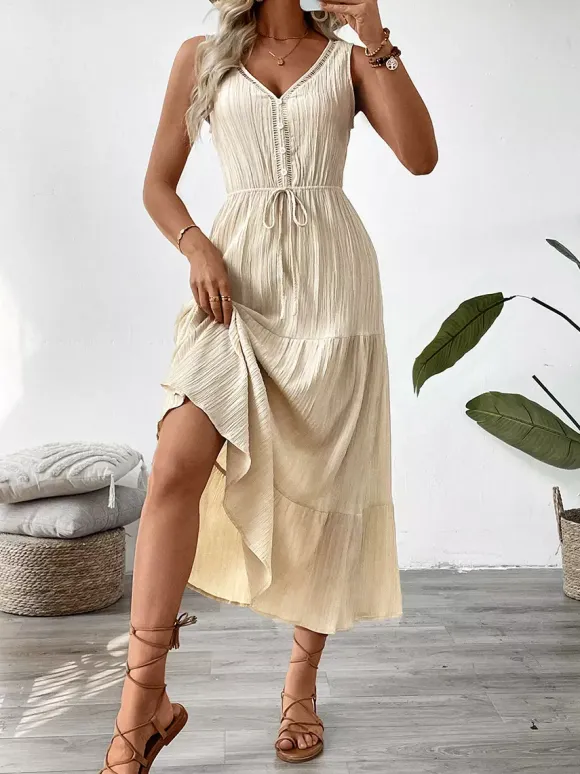 Boho Tiered Maxi Dress for Women - Apricot Textured V Neck Sleeveless Tie Waist A Line Long Dress - Summer Beach Resort 2026