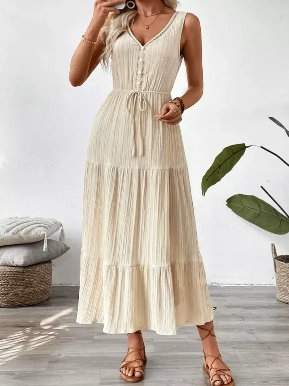 Boho Tiered Maxi Dress for Women - Apricot Textured V Neck Sleeveless Tie Waist A Line Long Dress - Summer Beach Resort 2026