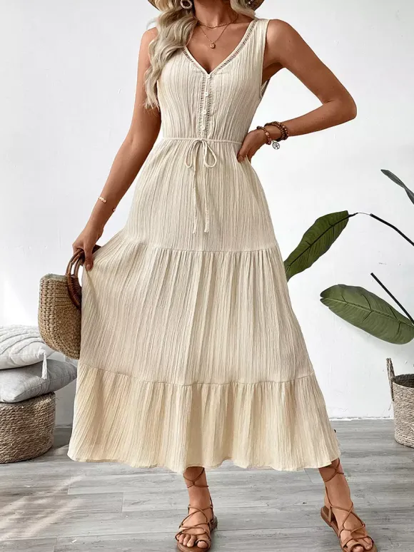 Boho Tiered Maxi Dress for Women - Apricot Textured V Neck Sleeveless Tie Waist A Line Long Dress - Summer Beach Resort 2026