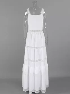 Boho Tiered Maxi Dress For Women - White Lace Patchwork Square Neck Chic Sundress - Summer Beach Vacation 2026