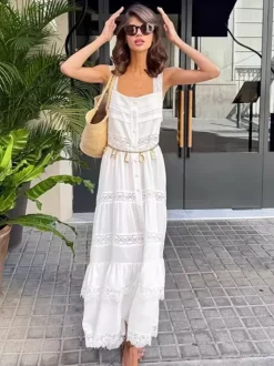 Boho Tiered Maxi Dress For Women - White Lace Patchwork Square Neck Chic Sundress - Summer Beach Vacation 2026
