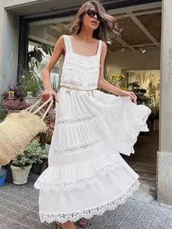 Boho Tiered Maxi Dress For Women - White Lace Patchwork Square Neck Chic Sundress - Summer Beach Vacation 2026