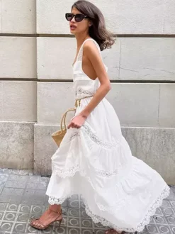 Boho Tiered Maxi Dress For Women - White Lace Patchwork Square Neck Chic Sundress - Summer Beach Vacation 2026