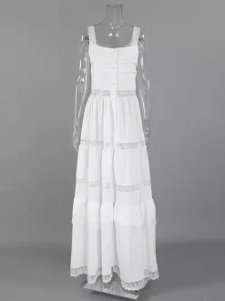 Boho Tiered Maxi Dress For Women - White Lace Patchwork Square Neck Chic Sundress - Summer Beach Vacation 2026