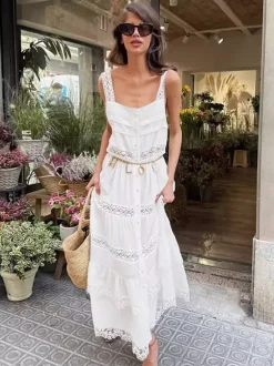 Boho Tiered Maxi Dress For Women - White Lace Patchwork Square Neck Chic Sundress - Summer Beach Vacation 2026