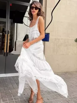 Boho Tiered Maxi Dress For Women - White Lace Patchwork Square Neck Chic Sundress - Summer Beach Vacation 2026