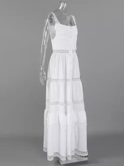 Boho Tiered Maxi Dress For Women - White Lace Patchwork Square Neck Chic Sundress - Summer Beach Vacation 2026