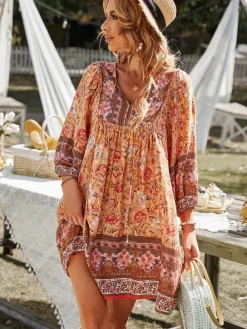 Boho Tunic Dress for Women - Floral Print V Neck 3/4 Lantern Sleeve Loose Mini Dress - Summer Garden Party Beach Outfit 2026