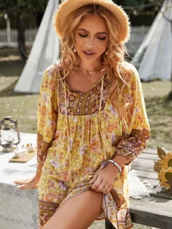 Boho Tunic Dress for Women - Floral Print V Neck 3/4 Lantern Sleeve Loose Mini Dress - Summer Garden Party Beach Outfit 2026