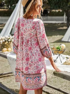 Boho Tunic Dress for Women - Floral Print V Neck 3/4 Lantern Sleeve Loose Mini Dress - Summer Garden Party Beach Outfit 2026