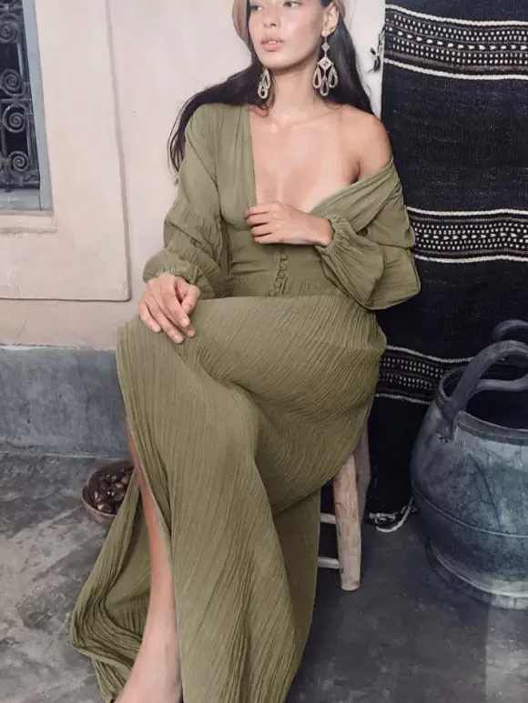 Boho V Neck Maxi Dress - Puff Sleeve Button Front High Slit Long Dress - Spring Beach Vacation 2026