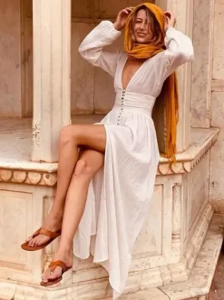 Boho V Neck Maxi Dress - Puff Sleeve Button Front High Slit Long Dress - Spring Beach Vacation 2026