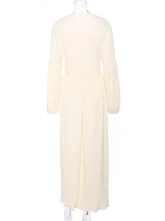 Boho V Neck Maxi Dress - Puff Sleeve Button Front High Slit Long Dress - Spring Beach Vacation 2026