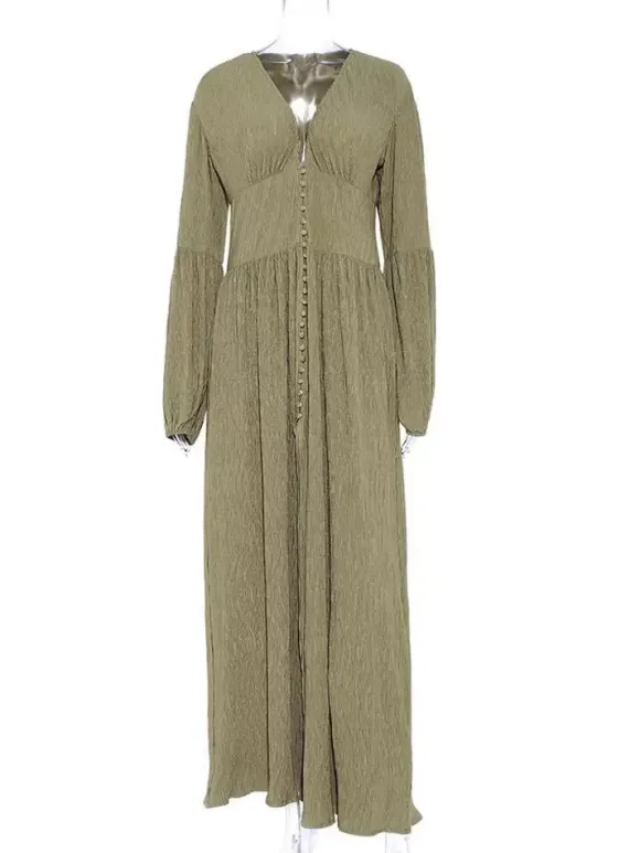 Boho V Neck Maxi Dress - Puff Sleeve Button Front High Slit Long Dress - Spring Beach Vacation 2026