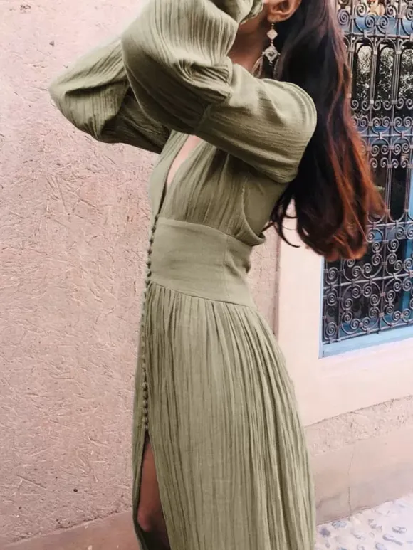 Boho V Neck Maxi Dress - Puff Sleeve Button Front High Slit Long Dress - Spring Beach Vacation 2026