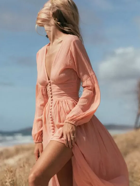 Boho V Neck Maxi Dress - Puff Sleeve Button Front High Slit Long Dress - Spring Beach Vacation 2026
