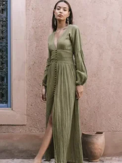 Boho V Neck Maxi Dress - Puff Sleeve Button Front High Slit Long Dress - Spring Beach Vacation 2026